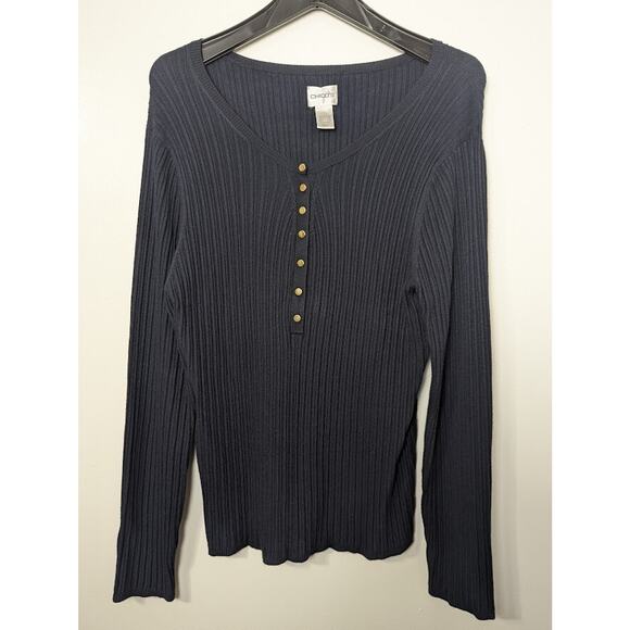 Chico's Size 3 Pullover Knit Sweater Vneck Snap accent Long Sleeve Navy … - Picture 1 of 11